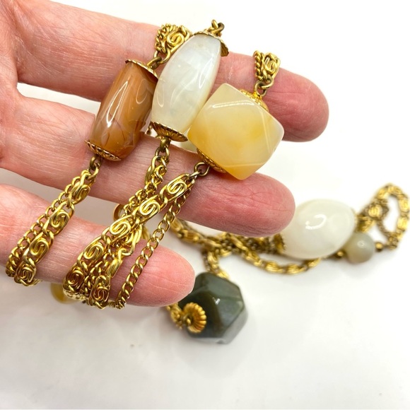 Vintage Gold Tone Chain With Natural Stone Beads Long Necklace - Picture 5 of 9